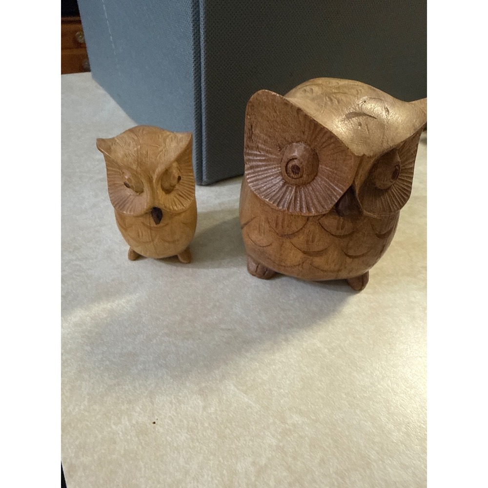 Vintage Hand Carved Wooden Owl Figurines Set of 2 Rustic Folk Art Decor Brown